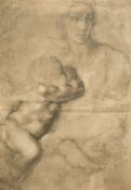 A print of a Madonna and child by Michelangelo, an Old Master drawing, Mother and child, print,