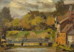 O. Brabbins, Houses next to a river with bridge and landscape beyond, oil on board, signed, 12