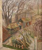 Nancy Ewart (20th Century), view of farm buildings from a window, oil on canvas, signed verso, 12