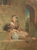 19th Century School, a study of a seated female figure in a city, watercolour, indistinctly signed
