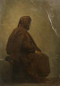 19th Century School, a study of a seated gentleman wearing a hooded cloak, oil on card, 12
