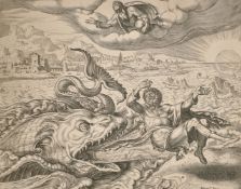 Philips Galle after Van Heenskerk, 'Jonah Cast Ashore by the Whale', and another engraving after Van