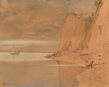 Bathet? Fishermen on a beach, sailing boat beyond, watercolour, indistinctly signed, 10.25