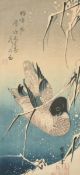 After Hiroshige, A duck in the snow, Japanese woodblock, signed with three red seals, 14
