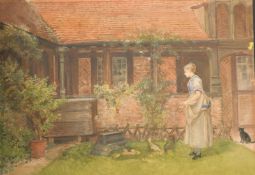 Attributed to Frederick Walker, A lady feeding chickens in a garden, watercolour, 14.75