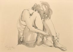 Czech School, 20th Century, an ink and wash study of a crouching female figure, indistinctly