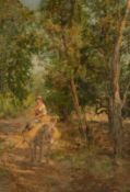 Eduardo Matania (1847-1929) Italian, A young woman on a donkey on a sunlit woodland path, oil on