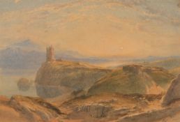 19th Century, A rocky landscape with castle on a hill beside water at dusk, watercolour,