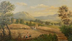 D. Morris, 19th Century English School, a harvesting scene with figures in the foreground, oil on