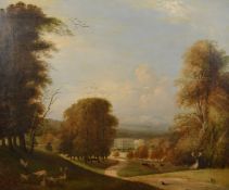 19th Century English School, a view of Longleat with figures and deer in the foreground, oil on