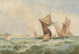 19th Century School, a scene of shipping off a harbour entrance, watercolour, 10.5