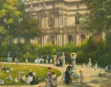 20th Century, R.H. Banks, A busy Paris Park with figures, oil on board, signed, 14.5