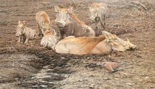 Alan M. Hunt (b.1947) British, 'Warthog Snppi, The beauty Salon', oil on board, signed, inscribed