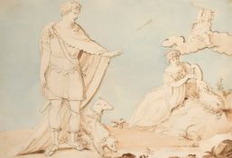Circle of Sir William Hamilton, A romantic classical scene with a cupid firing an arrow, ink wash,