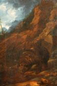 Circle of Johann Melchior Roos, a bear on a rocky hillside drinking from a stream, oil on canvas,