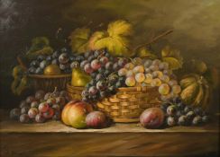 R. Casper (20th Century), a still life of mixed fruit and trailing vines, oil on panel, 12