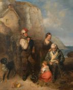 Attributed to William Shayer, 'The Fisherman's Family' a scene of a fisherman mending nets with a