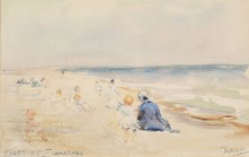 Theodore Zimmerman (b. 1937), Children playing on a Jersey beach, watercolour, signed and inscribed,