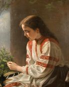 19th Century Continental School, Portrait of a young girl with a book and holding a leaf with a