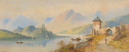 Edwin Earp (1851-1945) British, A pair of lake scenes with figures, fishing boats and mountains