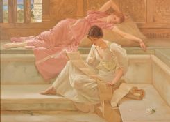 20th Century Russian School, Two maidens in a classical building, oil on canvas, indistinctly signed