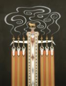 Erte (Romain de Tirtoff), A stylised female figure in an elaborate costume on a black background,