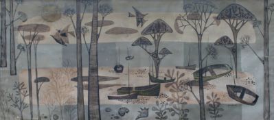 Rene Fumeron (1921-2004) French, A scene of boats on a shore through trees, oil on paper, 57