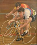 Pietro Psaier (1936-2004), a scene of Tom Simpson riding in a velodrome with another cyclist, oil on