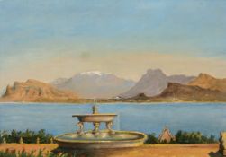 19th Century, A Continental landscape with sea and mountains with a water fountain in the