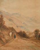 English School circa 1819, Figures and a horse resting by a mountain lake, watercolour, signed