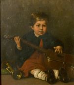 L. Gillet? 19th Century, Portrait of a young boy playing a guitar, with a trumpet by his side, oil