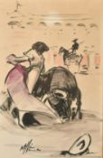 A group of three watercolours of bull fighting scenes, indistinctly signed, 20