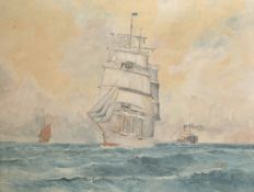 English School, circa 1931, a 3-masted clipper with a steam ship beyond, watercolour, indistinctly
