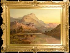 Alfred De Breanski (1852-1928) British, 'The Grampians', cattle watering in a loch at Dusk, oil on