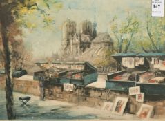 Picture seller along the river Seine by Notre Dame, print, indistinctly signed, 8.5
