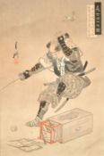 Japanese School, 19th Century, A colour woodblock of a warrior, signed and with inscription in