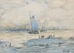 Robert McGowan Coventry (1855-1914) Scottish, Figures on a shore waiting for fishing boats to