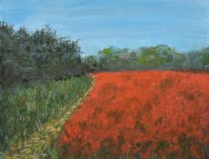 Patricia Langmead (1926-2021) British, a scene of a South Downs field of poppies in bloom, mixed