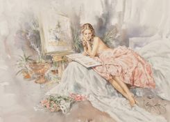 Gordon King (b.1939) A lady wearing a pink dress looking at a photo album, watercolour, signed and