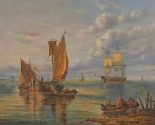 20th Century School, a pair of oil on canvas scenes of barges and other shipping, each 20