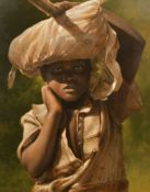 Michael Jackson (b.1961) The Potato carrier, oil on board, signed and inscribed verso, dated 2000,