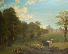 19th Century English School, figures logging in the grounds of Windsor Castle, oil on canvas, 33.