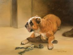 Joseph H. Sulkowski (Born 1951) Boxer dog with slippers and tie, oil on canvas, signed, 17.25