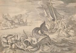 After Maarten de Vos published by Visscher, 'Jonah Cast Ashore', an Old Master engraving, 14