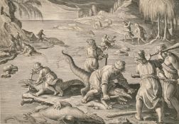 After Stradanus, an old master engraving of 'Swimmers Capturing the Nile Crocodiles', along with