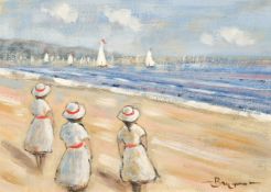 J. Bryan, 'A Day Out', Three ladies standing on a beach watching the boat race, oil on board, signed