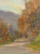 Archibald Kay (1860-1935) Scottish, A shepherd and his flock on a country path, oil on canvas board,