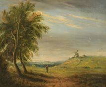 David Cox (19th Century) British, a wayfarer in a landscape with a windmill beyond, oil on canvas,