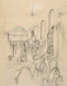 Baruch, A scene of elders reading manuscripts in a place of worship, mixed media, signed, 17
