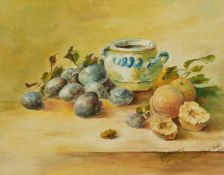 J. Botterman, French School, Still life of plumbs and peaches with a bowl, oil on board, signed